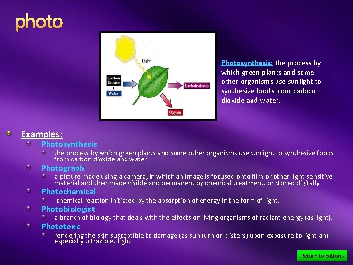 photo Photosynthesis: the process by which green plants and some other organisms use sunlight