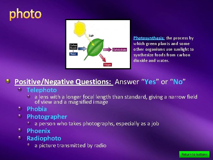 photo Photosynthesis: the process by which green plants and some other organisms use sunlight