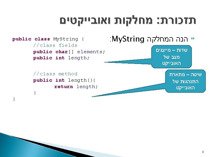  מחלקות ואובייקטים : תזכורת public class My. String { //class fields public char[]