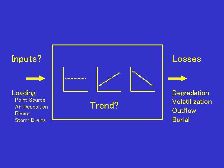 Inputs? Losses Loading Degradation Volatilization Outflow Burial Point Source Air Deposition Rivers Storm Drains