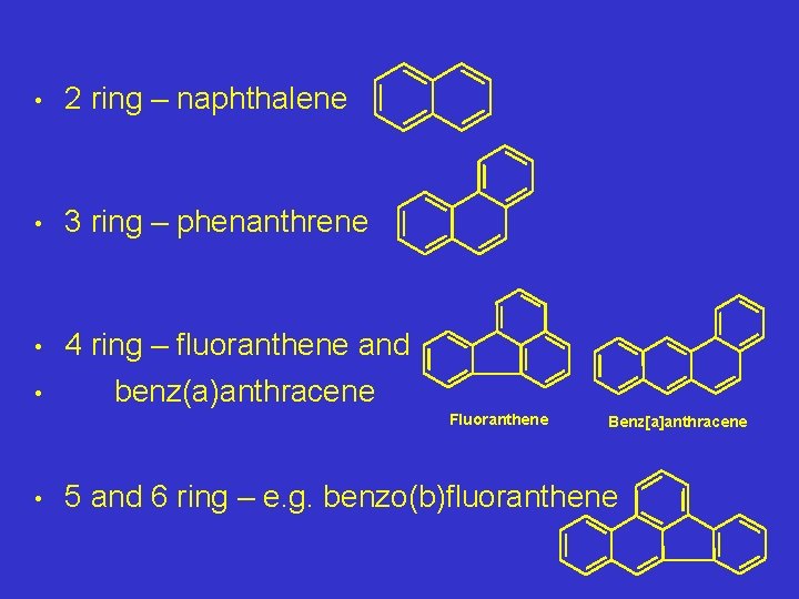  • 2 ring – naphthalene • 3 ring – phenanthrene • 4 ring