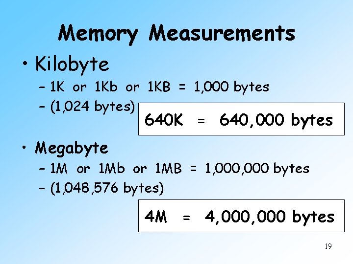Memory Measurements • Kilobyte – 1 K or 1 Kb or 1 KB =