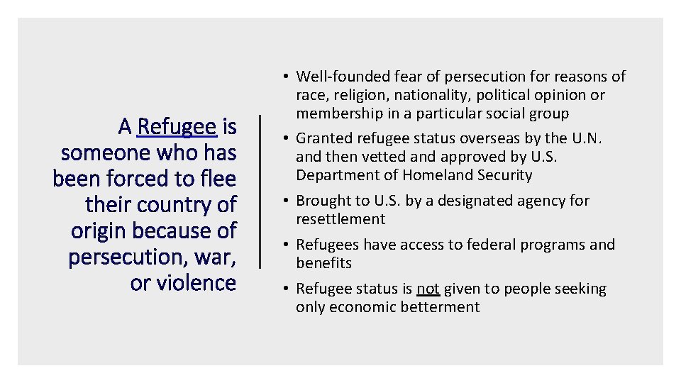 A Refugee is someone who has been forced to flee their country of origin
