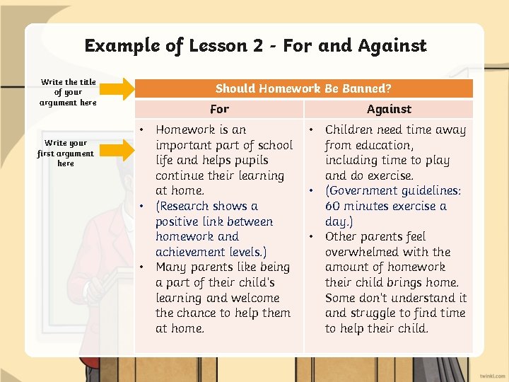 Example of Lesson 2 - For and Against Write the title of your argument