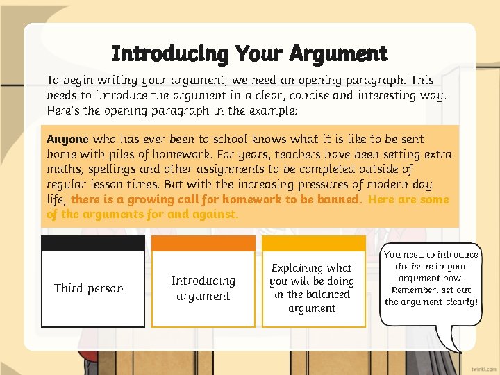 Introducing Your Argument To begin writing your argument, we need an opening paragraph. This