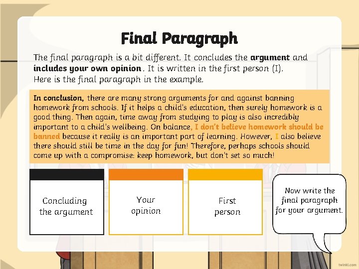 Final Paragraph The final paragraph is a bit different. It concludes the argument and