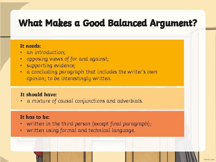 What Makes a Good Balanced Argument? It needs: • an introduction; • opposing views