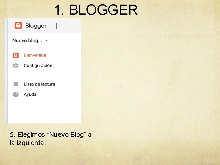 1. BLOGGER 5. Elegimos “Nuevo Blog” a la izquierda. 