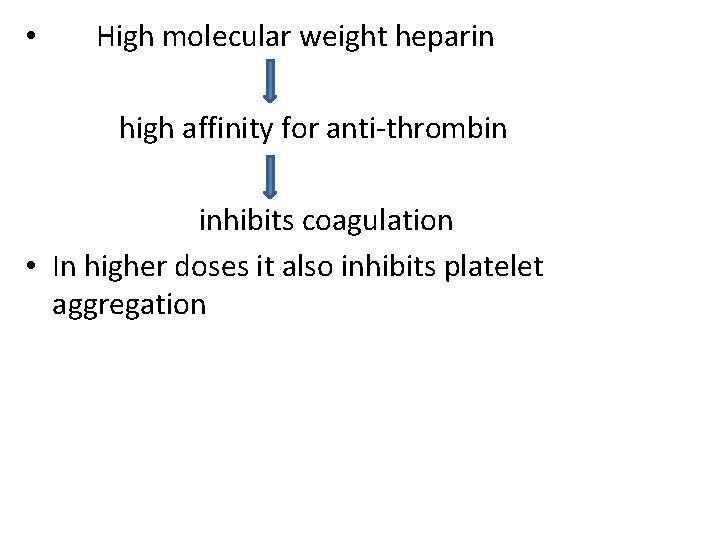  • High molecular weight heparin high affinity for anti-thrombin inhibits coagulation • In