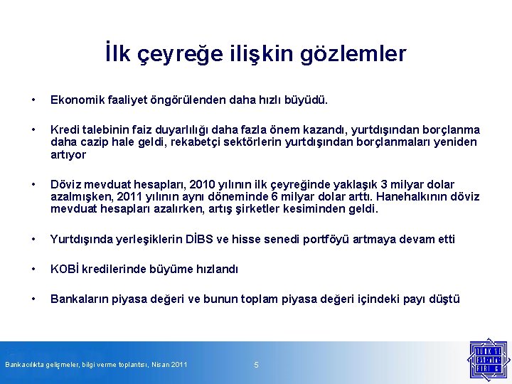 İlk çeyreğe ilişkin gözlemler • Ekonomik faaliyet öngörülenden daha hızlı büyüdü. • Kredi talebinin