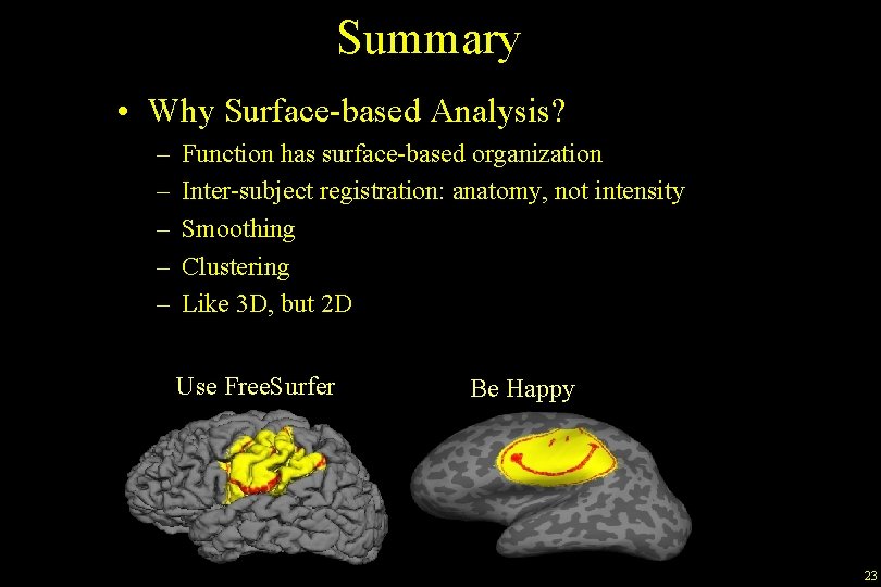 Summary • Why Surface-based Analysis? – – – Function has surface-based organization Inter-subject registration: