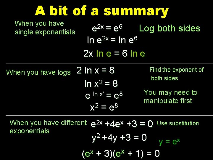 A bit of a summary When you have single exponentials When you have logs