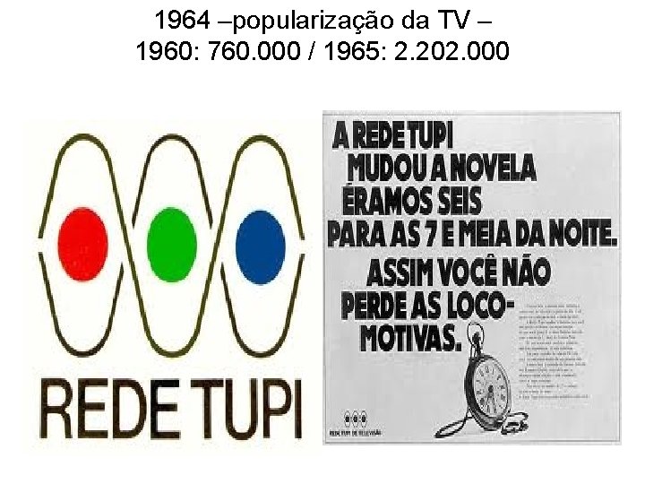 1964 –popularização da TV – 1960: 760. 000 / 1965: 2. 202. 000 