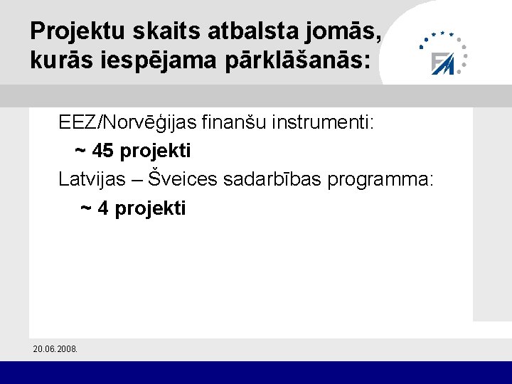 Projektu skaits atbalsta jomās, kurās iespējama pārklāšanās: EEZ/Norvēģijas finanšu instrumenti: ~ 45 projekti Latvijas