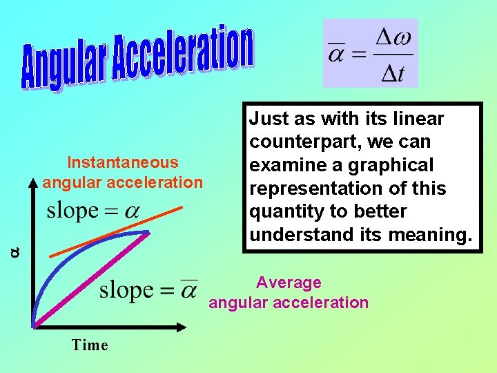 a Instantaneous angular acceleration Just as with its linear counterpart, we can examine a