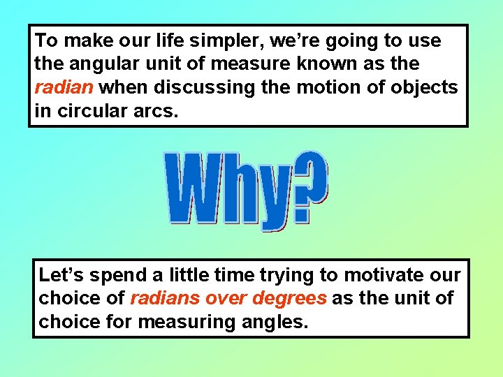 To make our life simpler, we’re going to use the angular unit of measure