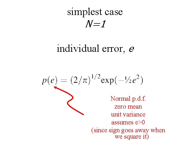 simplest case N=1 individual error, e Normal p. d. f. zero mean unit variance