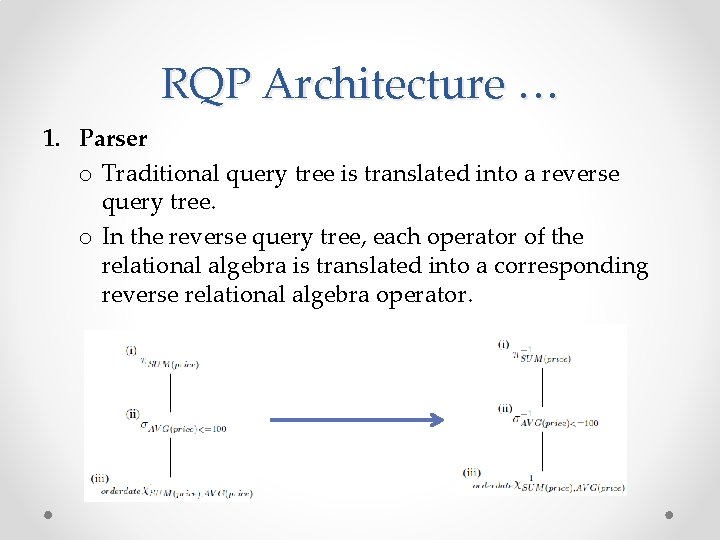 RQP Architecture … 1. Parser o Traditional query tree is translated into a reverse