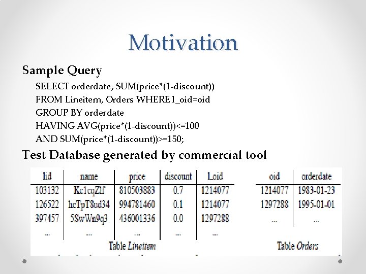 Motivation Sample Query SELECT orderdate, SUM(price*(1 -discount)) FROM Lineitem, Orders WHERE l_oid=oid GROUP BY