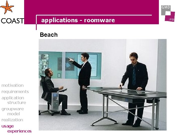 applications - roomware Beach motivation requirements application structure groupware model realization usage experiences 