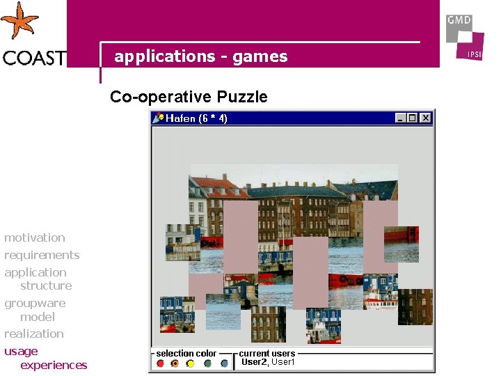 applications - games Co-operative Puzzle motivation requirements application structure groupware model realization usage experiences