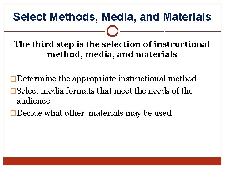 Select Methods, Media, and Materials The third step is the selection of instructional method,