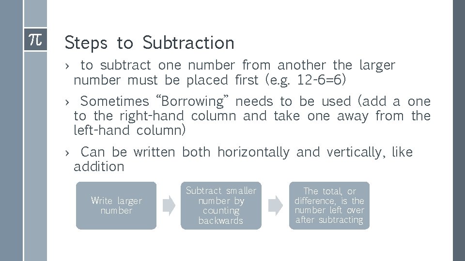 Steps to Subtraction › to subtract one number from another the larger number must