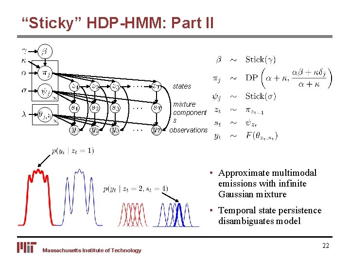 “Sticky” HDP-HMM: Part II states mixture component s observations • Approximate multimodal emissions with