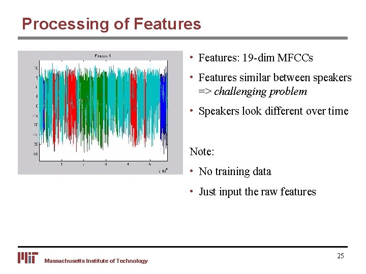 Processing of Features • Features: 19 -dim MFCCs • Features similar between speakers =>