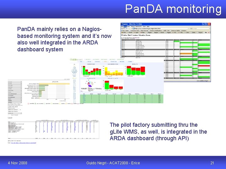 Pan. DA monitoring Pan. DA mainly relies on a Nagiosbased monitoring system and it’s