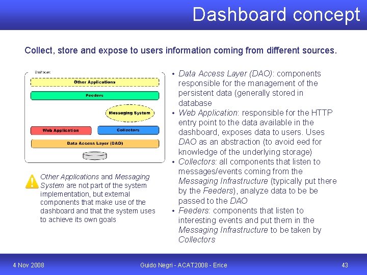 Dashboard concept Collect, store and expose to users information coming from different sources. Other