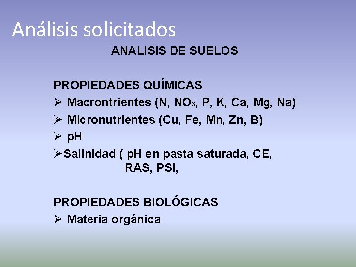 Análisis solicitados ANALISIS DE SUELOS PROPIEDADES QUÍMICAS Ø Macrontrientes (N, NO 3, P, K,