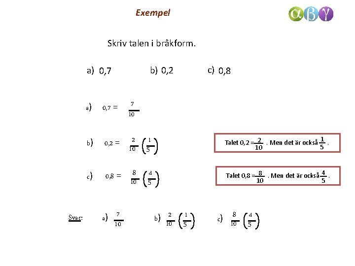 Exempel Skriv talen i bråkform. Svar: a) 0, 7 = 7 10 b) 0, Exempel Skriv talen i bråkform. Svar: a) 0, 7 = 7 10 b) 0,