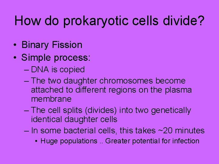 How do prokaryotic cells divide? • Binary Fission • Simple process: – DNA is