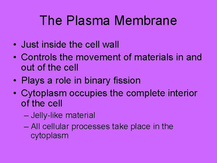 The Plasma Membrane • Just inside the cell wall • Controls the movement of