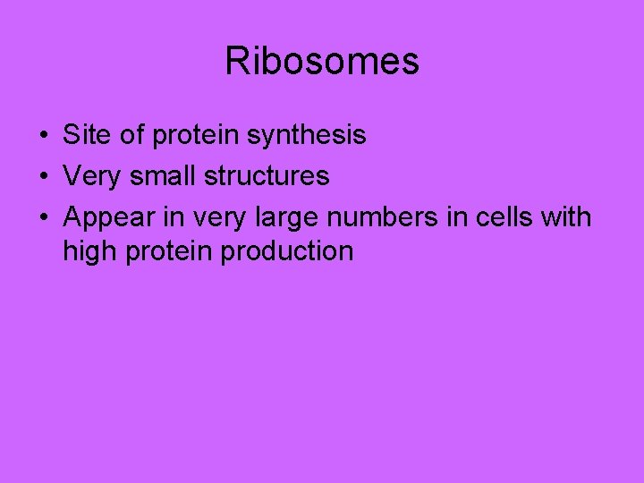 Ribosomes • Site of protein synthesis • Very small structures • Appear in very