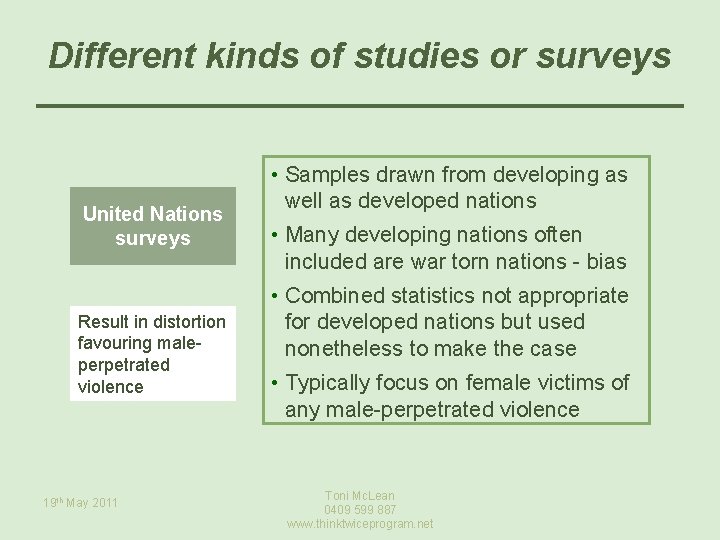 Different kinds of studies or surveys United Nations surveys Result in distortion favouring maleperpetrated