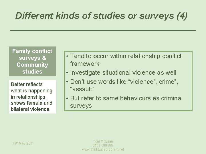 Different kinds of studies or surveys (4) Family conflict surveys & Community studies Better