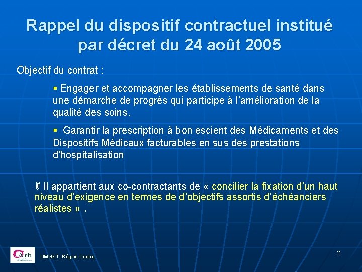 Rappel du dispositif contractuel institué par décret du 24 août 2005 Objectif du contrat