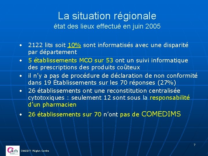 La situation régionale état des lieux effectué en juin 2005 • 2122 lits soit