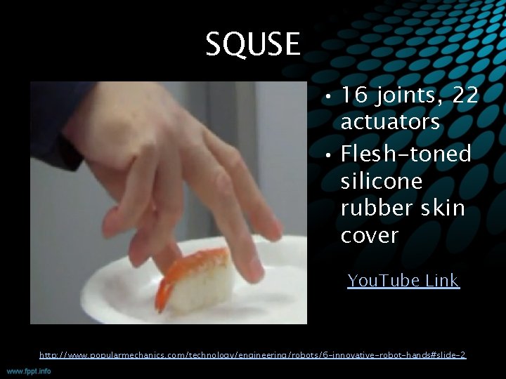 SQUSE • 16 joints, 22 actuators • Flesh-toned silicone rubber skin cover You. Tube