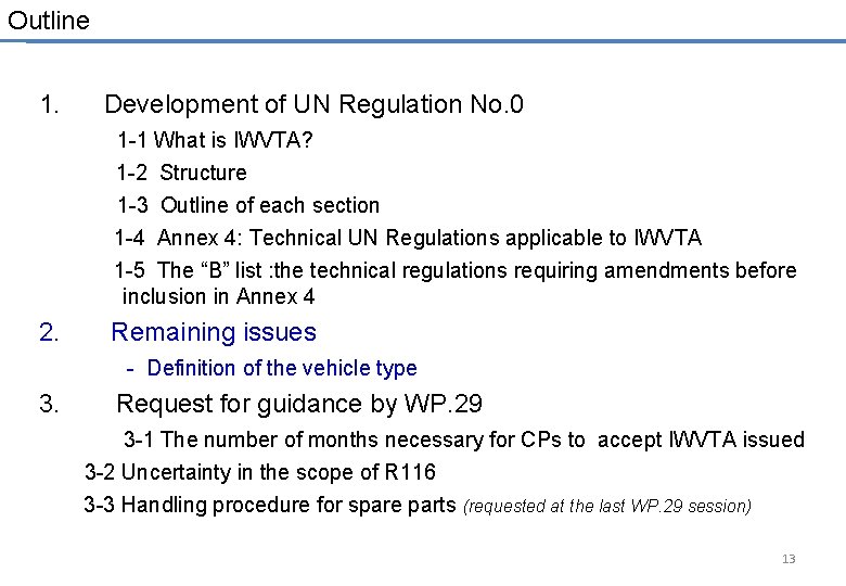 Outline 1. Development of UN Regulation No. 0 1 -1 What is IWVTA? 1