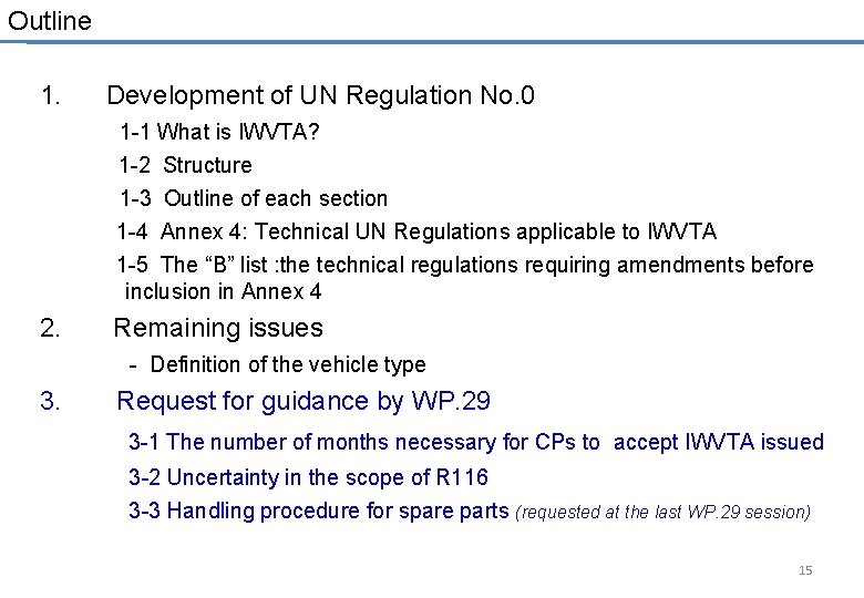 Outline 1. Development of UN Regulation No. 0 1 -1 What is IWVTA? 1