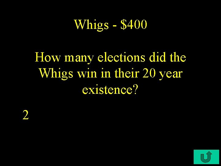 Whigs - $400 How many elections did the Whigs win in their 20 year