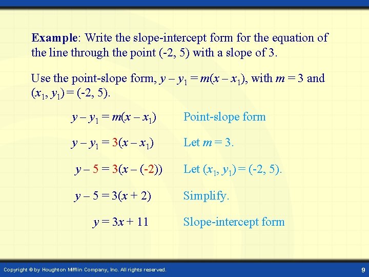 Example: Write the slope-intercept form for the equation of the line through the point