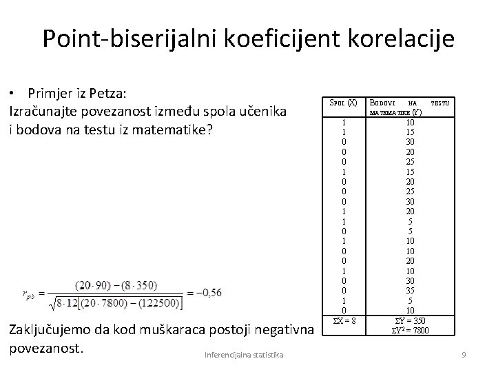 Point-biserijalni koeficijent korelacije • Primjer iz Petza: Izračunajte povezanost između spola učenika i bodova