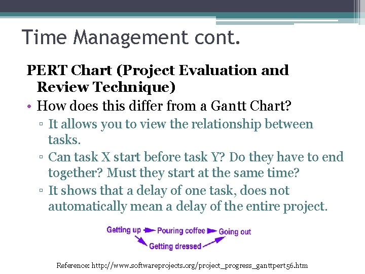 Time Management cont. PERT Chart (Project Evaluation and Review Technique) • How does this