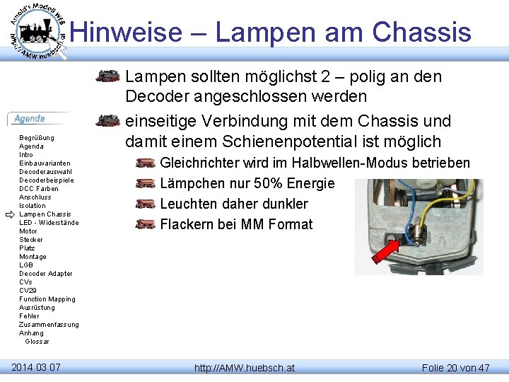 Hinweise – Lampen am Chassis Begrüßung Agenda Intro Einbauvarianten Decoderauswahl Decoderbeispiele DCC Farben Anschluss