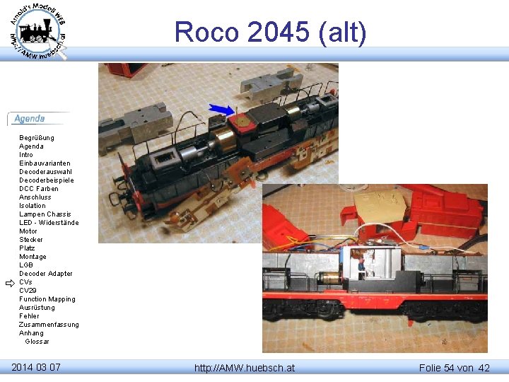 Roco 2045 (alt) Begrüßung Agenda Intro Einbauvarianten Decoderauswahl Decoderbeispiele DCC Farben Anschluss Isolation Lampen