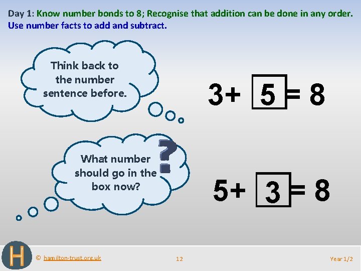 Day 1: Know number bonds to 8; Recognise that addition can be done in